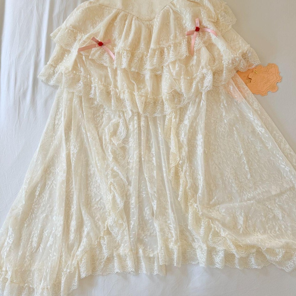 LaceMade Ivory Convertible Lace Ruffle Skirt Pink Bows Rose XS NWT - Picture 2 of 8